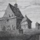 Kościółek modrzewiowy pod Buskiem z wieku XII. Rysował Słupski.